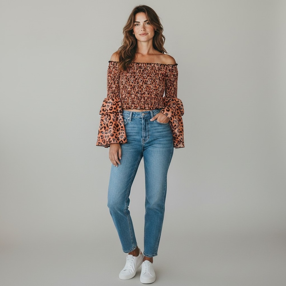 L&B Lucky & Blessed Cropped Off Shoulder Smocked Leopard‎ Bell Sleeve Top Large